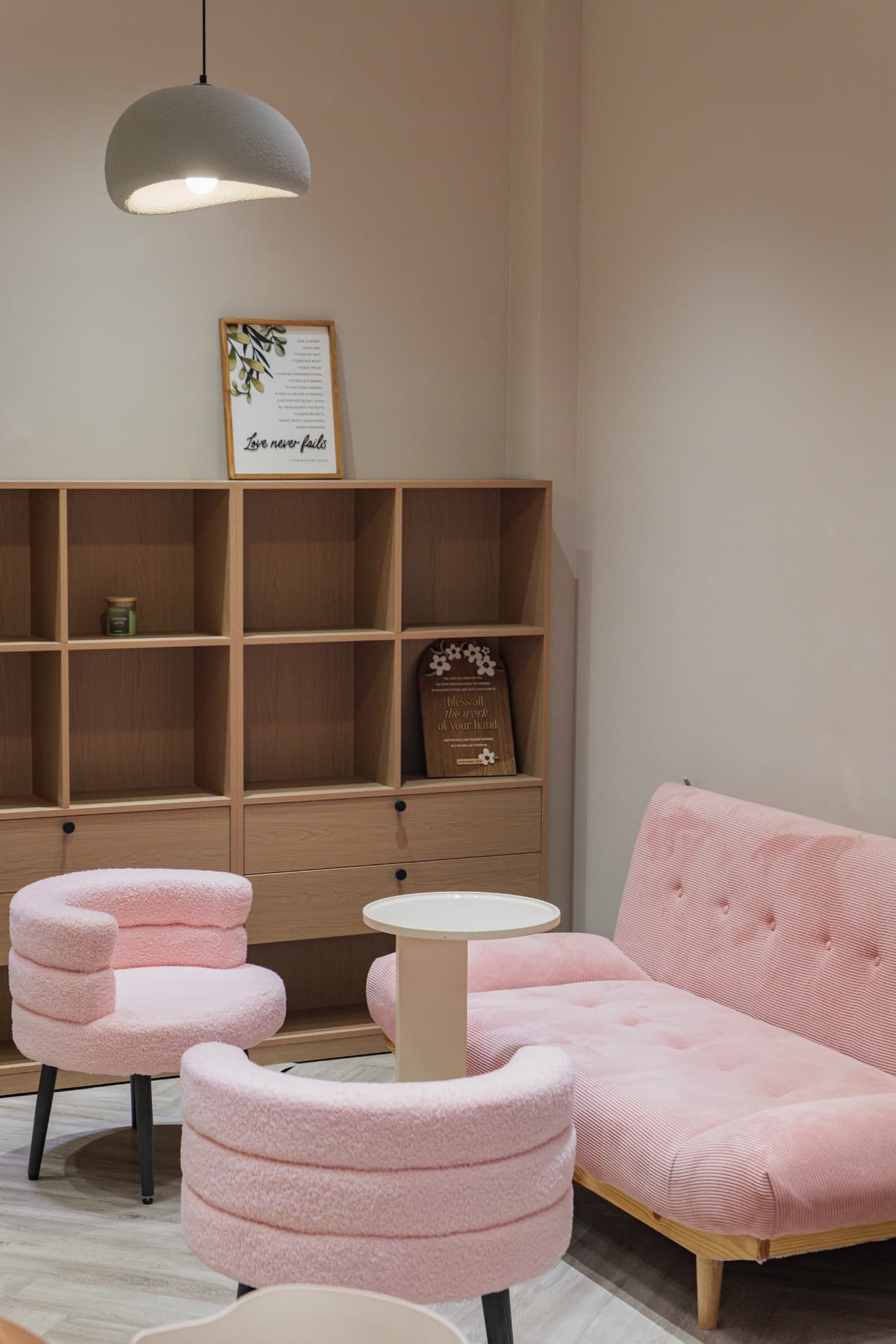 Pink lounge seating inside Citrus Café